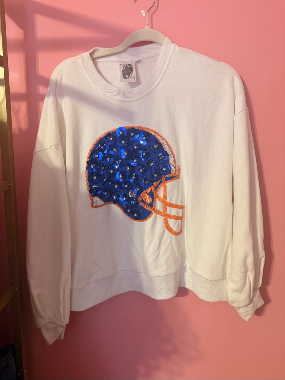 QOS White Sequin Football Helmet Sweatshirt - Blue & Orange